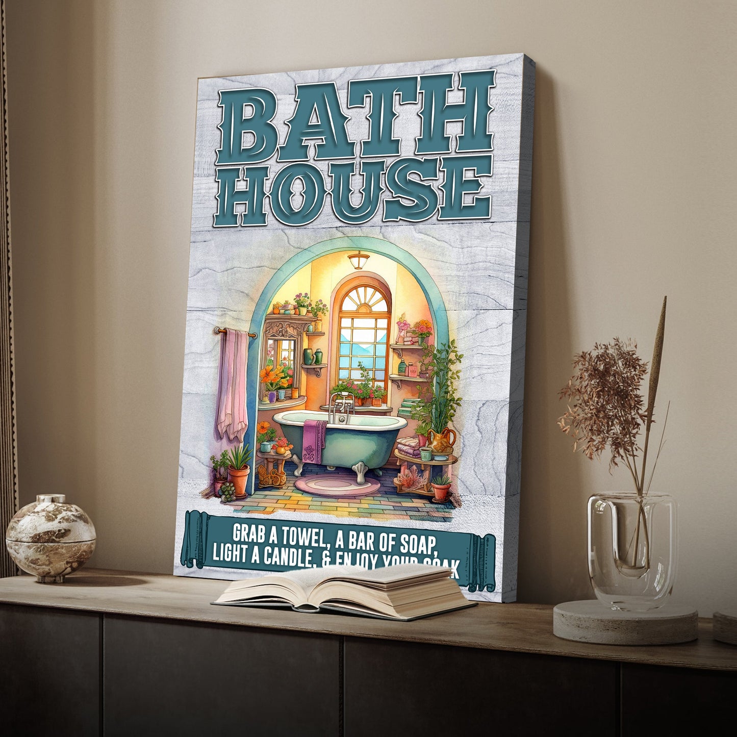 Bath house sign canvas with teal letters on weathered wood by Tailored Canvases on Tampa Home & Garden Store