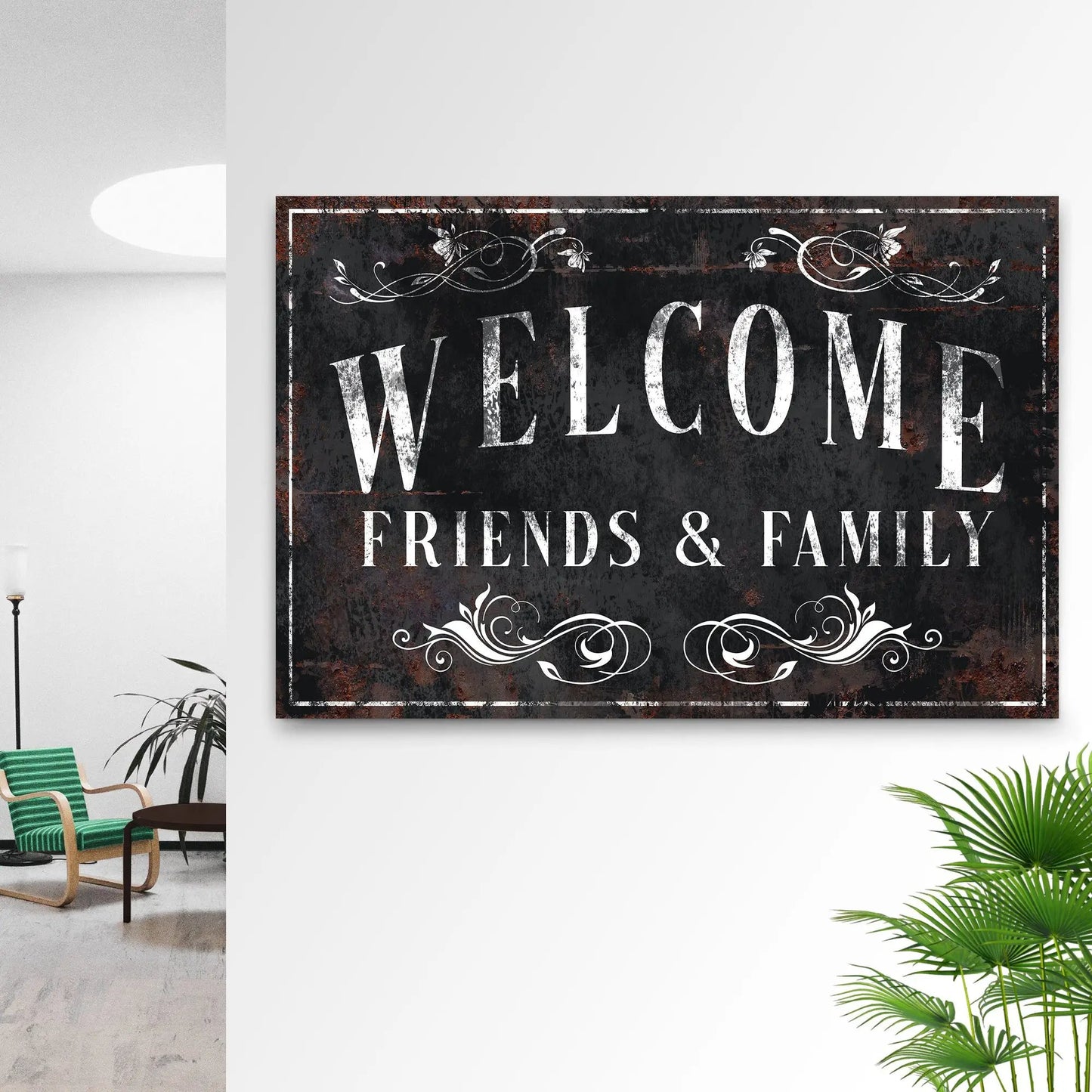 Welcome Friends & Family Sign III canvas by Tailored Canvases with distressed lettering swirls on Tampa Home & Garden Store