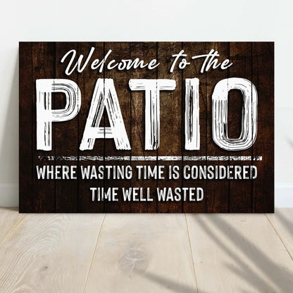 Welcome To The Patio Sign Tailored Canvases rustic wood canvas with white lettering on Tampa Home & Garden Store