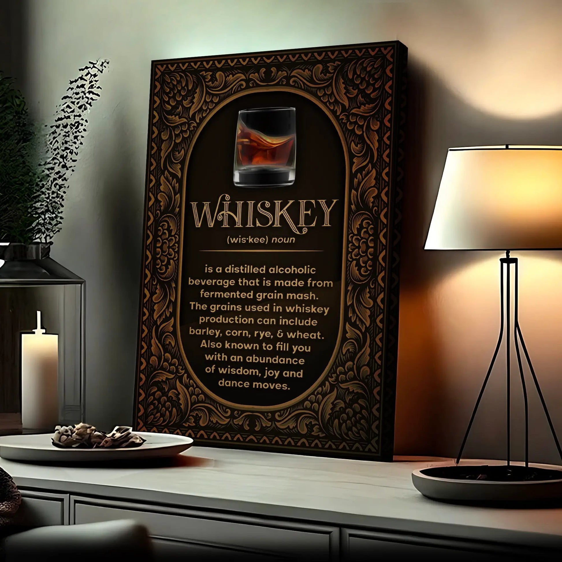 Whiskey Definition Sign canvas by Tailored Canvases with ornate brown frame on Tampa Home & Garden Store