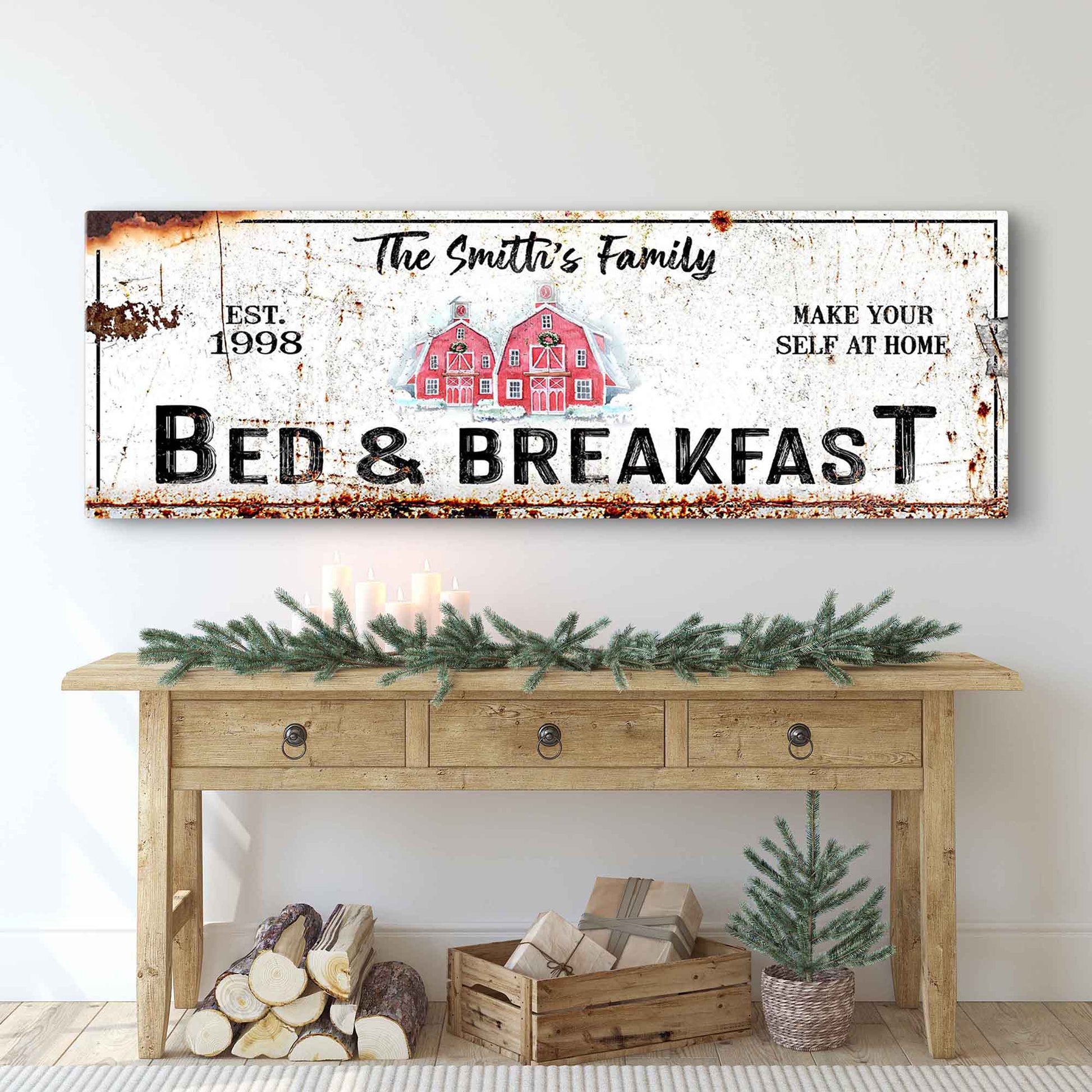 Christmas Bed & Breakfast Sign canvas with distressed white surface and red barn graphic on Tampa Home & Garden Store