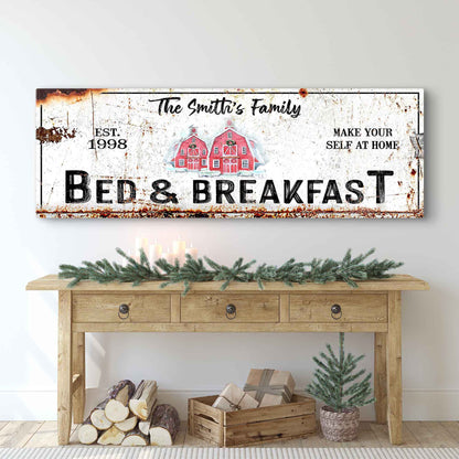 Christmas Bed & Breakfast Sign canvas with distressed white surface and red barn graphic on Tampa Home & Garden Store