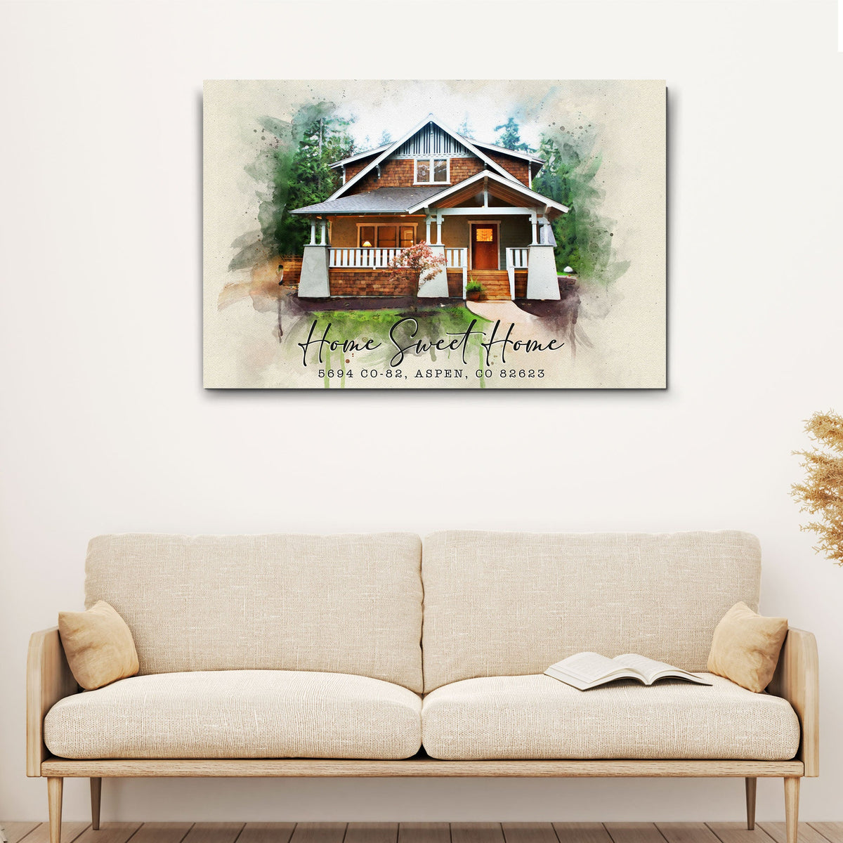 Home Sweet Home watercolor canvas crafting sign by Tailored Canvases on beige backdrop on Tampa Home & Garden Store