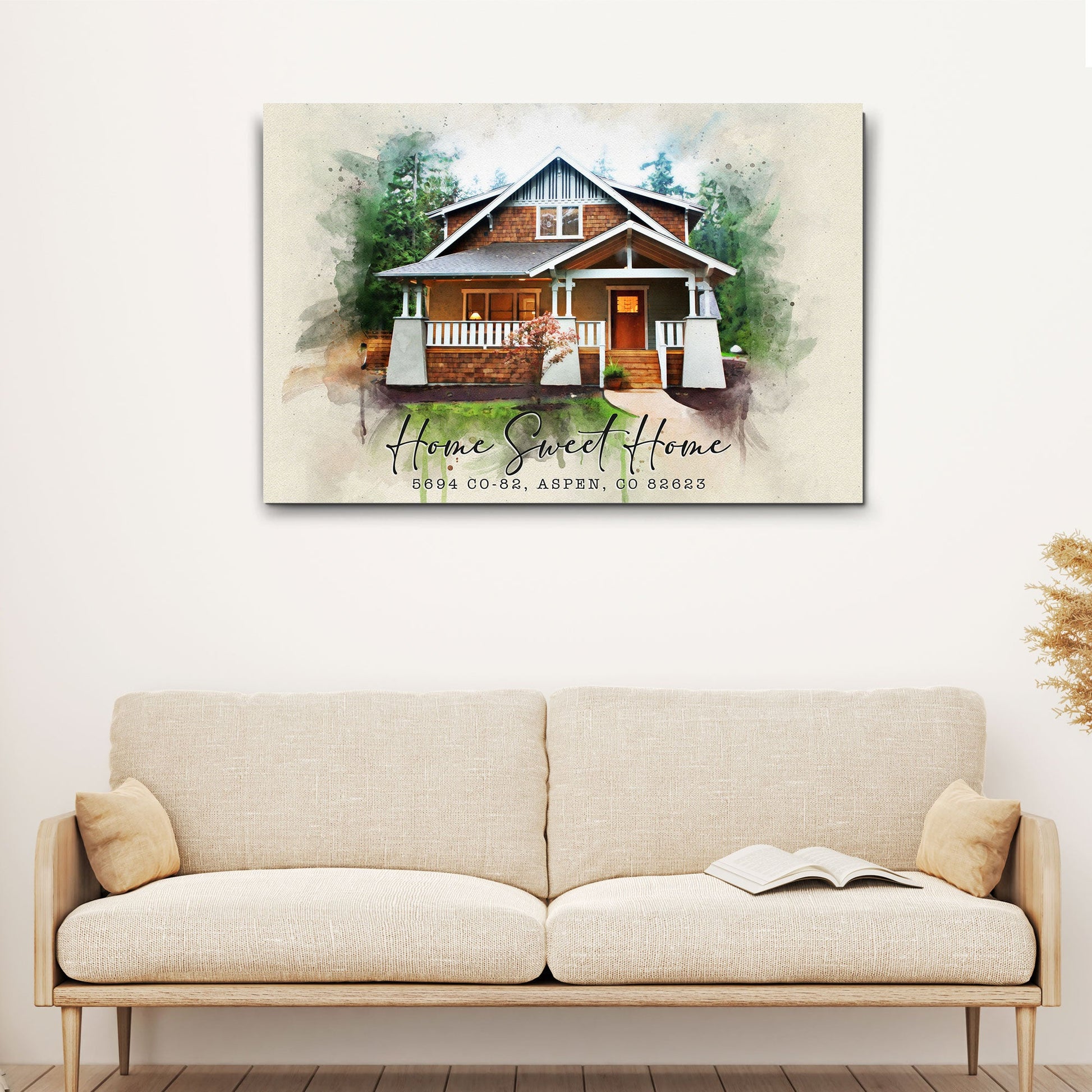 Home Sweet Home watercolor canvas crafting sign by Tailored Canvases on beige backdrop on Tampa Home & Garden Store