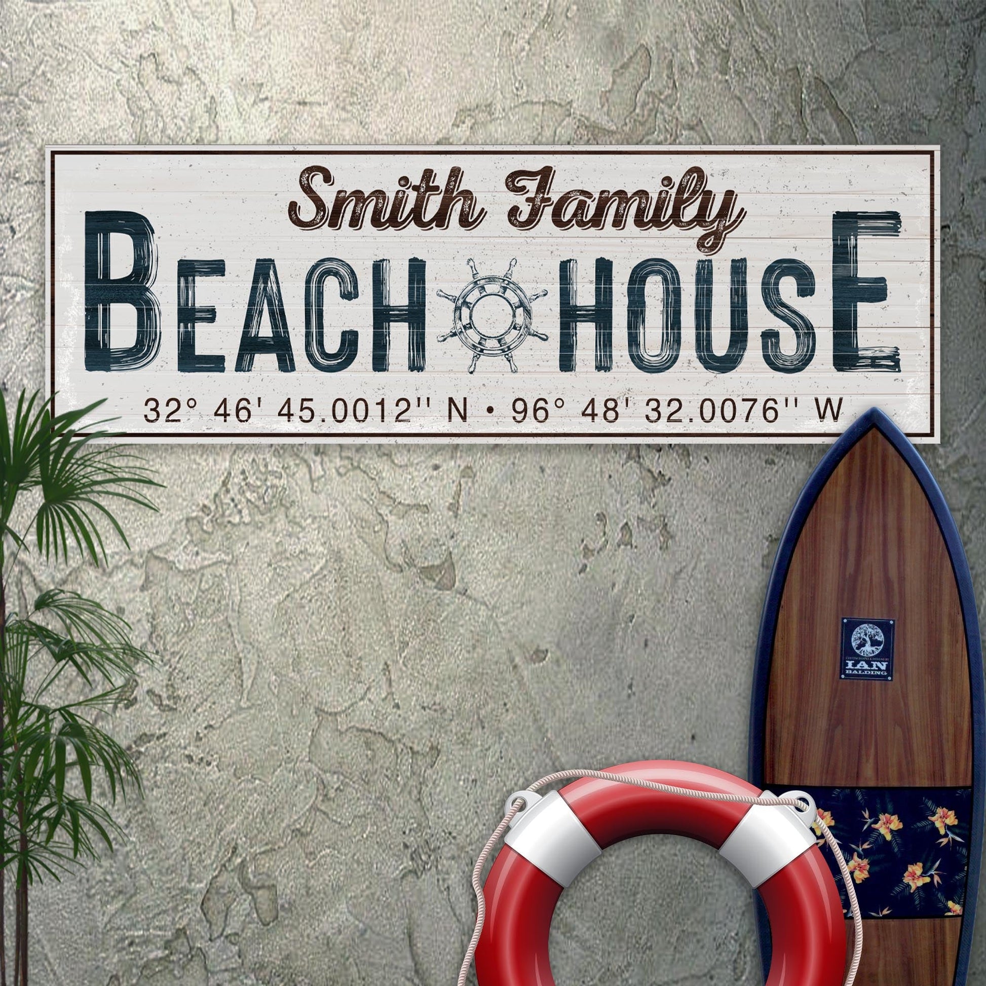 Family Beach House Sign canvas by Tailored Canvases with distressed white plank background and navy letters on Tampa Home & Garden Store