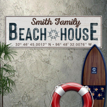 Family Beach House Sign canvas by Tailored Canvases with distressed white plank background and navy letters on Tampa Home & Garden Store