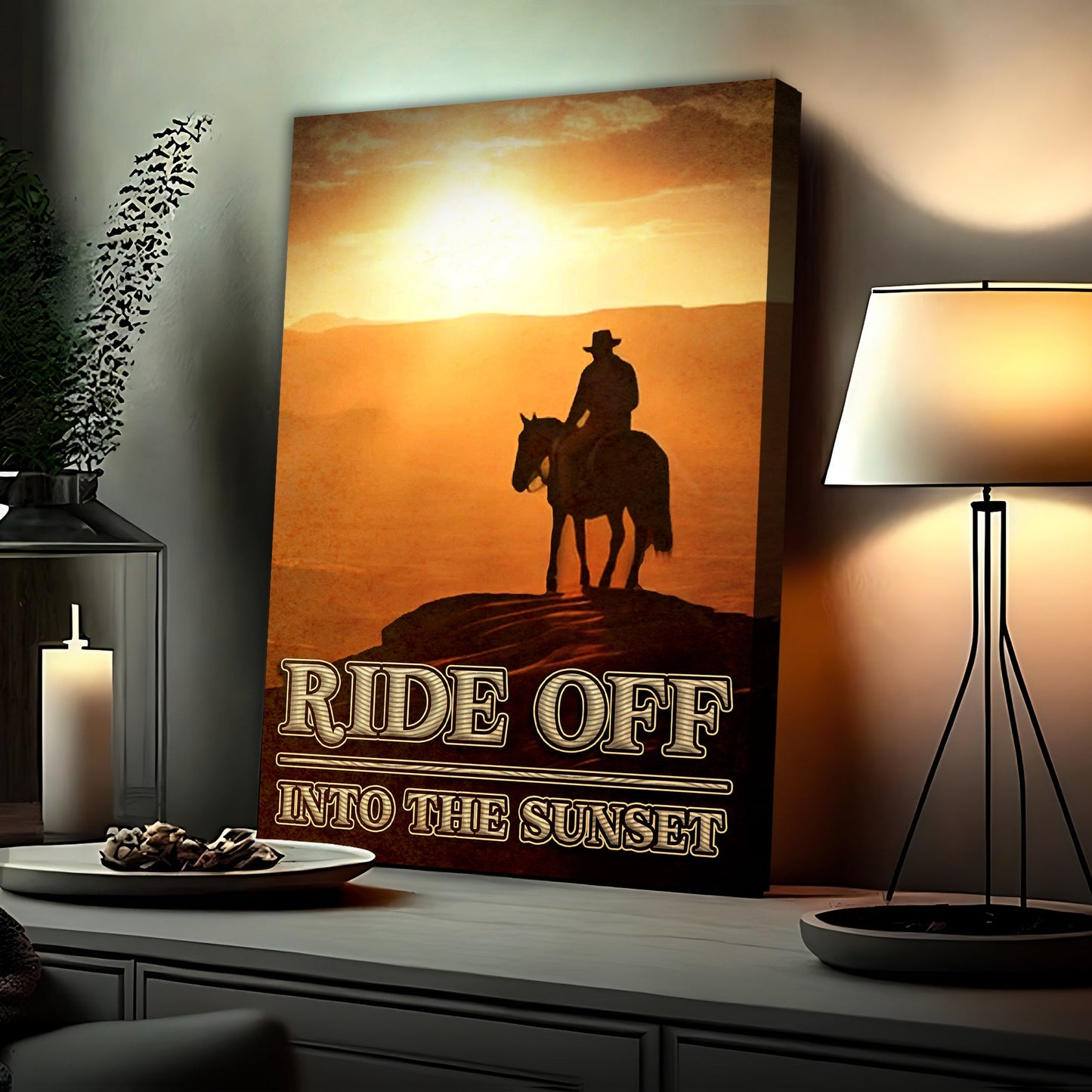 Ride Off Into The Sunset western canvas featuring a cowboy silhouette on horseback at sunset on Tampa Home & Garden Store