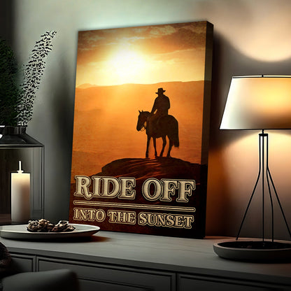 Ride Off Into The Sunset western canvas featuring a cowboy silhouette on horseback at sunset on Tampa Home & Garden Store