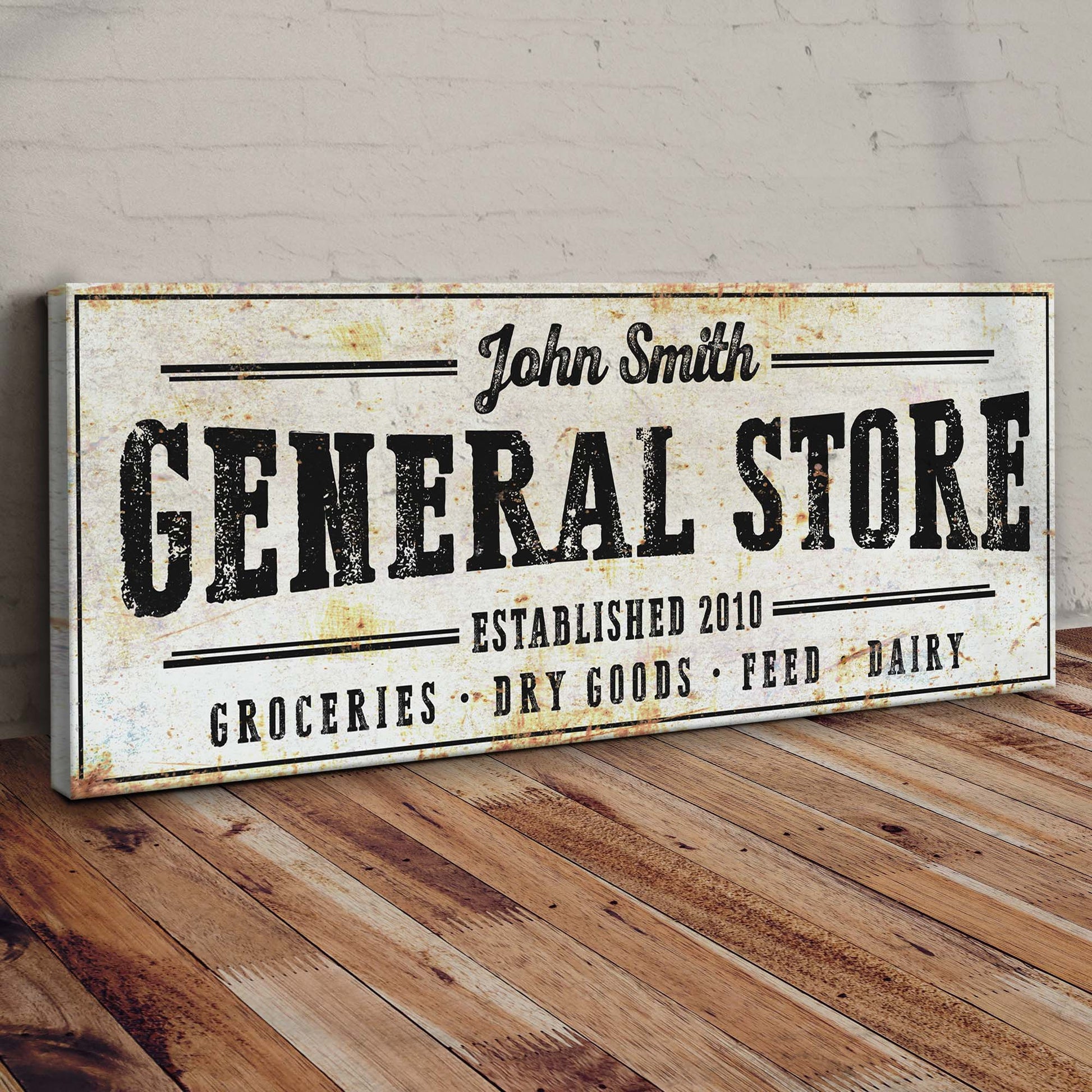 General Store sign canvas with rustic look distressed background and bold black lettering on Tampa Home & Garden Store