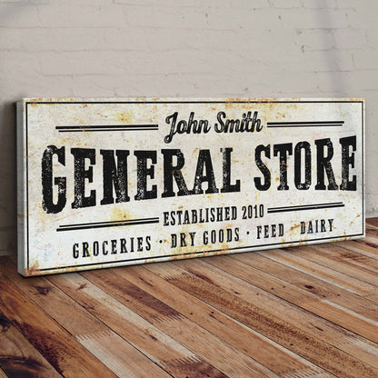 General Store sign canvas with rustic look distressed background and bold black lettering on Tampa Home & Garden Store