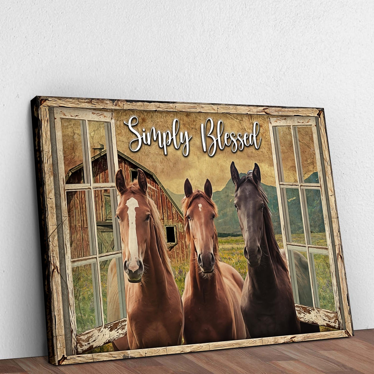 Simply Blessed Amazing Horse Farm Sign canvas by Tailored Canvases with horses at a barn on Tampa Home & Garden Store