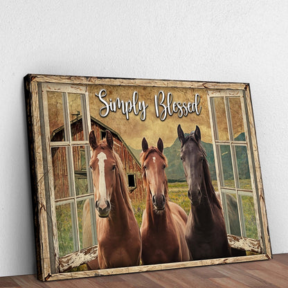 Simply Blessed Amazing Horse Farm Sign canvas by Tailored Canvases with horses at a barn on Tampa Home & Garden Store