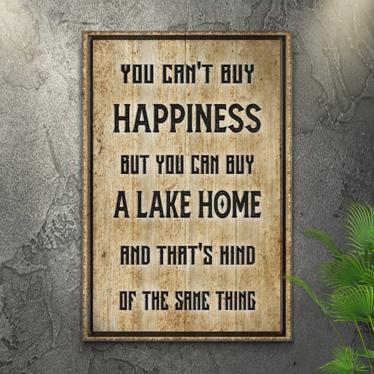 Lake Home Sign canvas by Tailored Canvases, rustic woodgrain panel with bold black lettering on Tampa Home & Garden Store