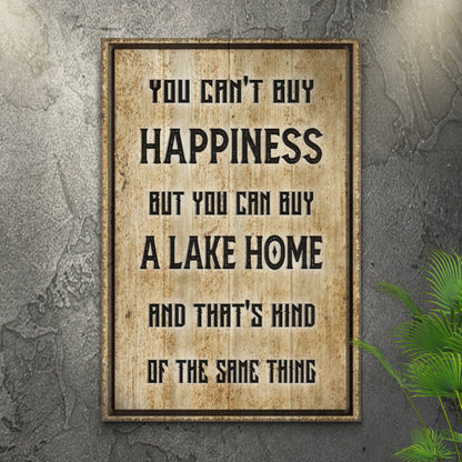 Lake Home Sign canvas by Tailored Canvases, rustic woodgrain panel with bold black lettering on Tampa Home & Garden Store