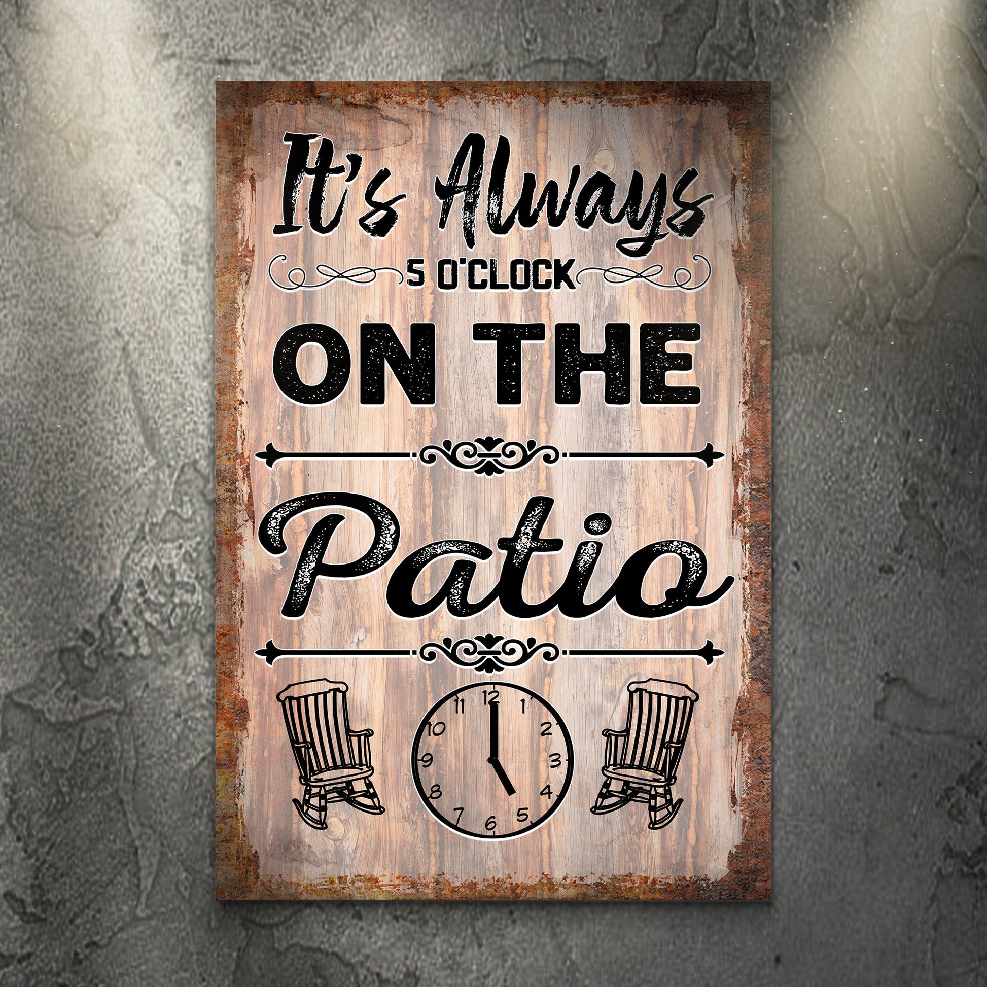 It's Always 5 O'Clock On The Patio Sign canvas by Tailored Canvases with wood on Tampa Home & Garden Store