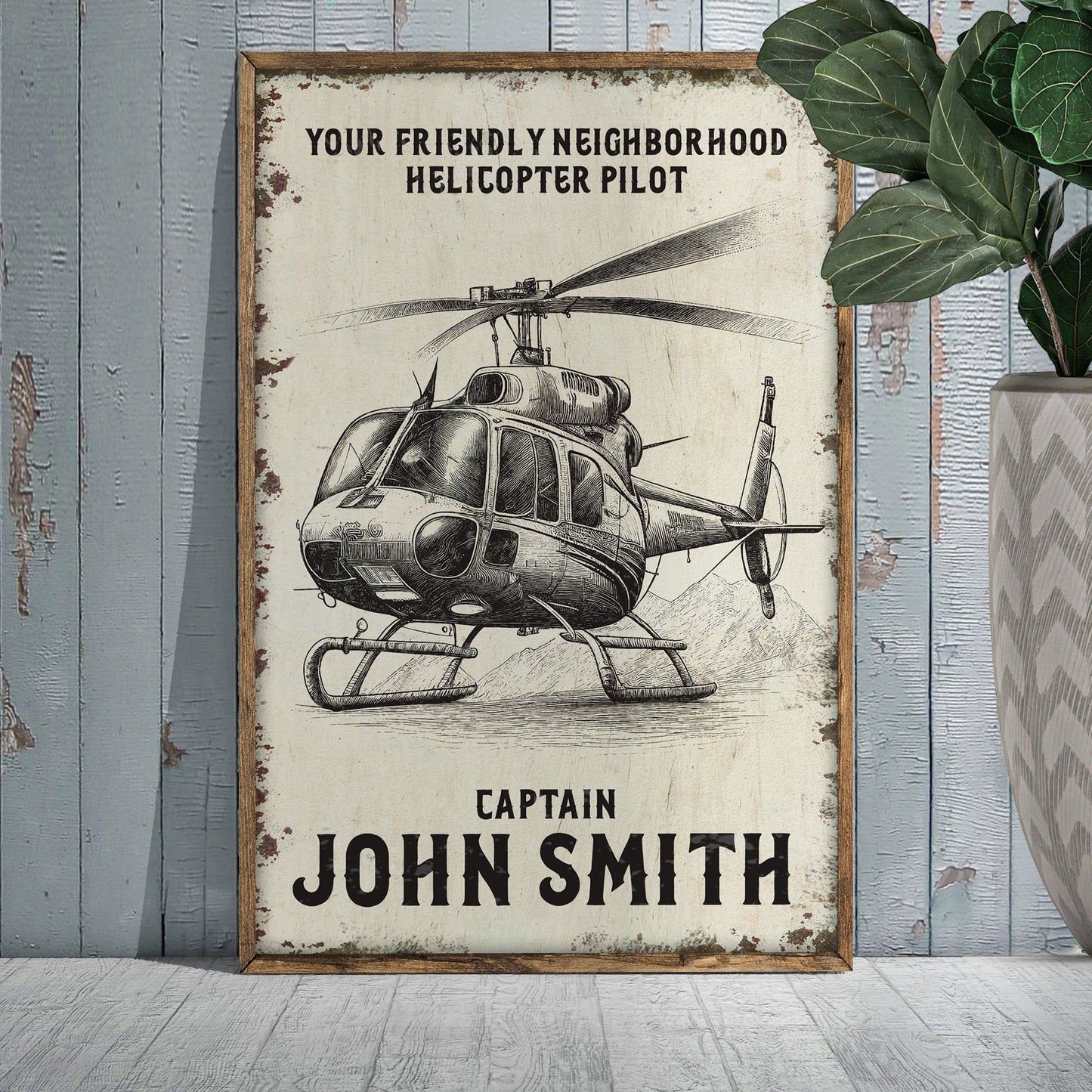 Helicopter Pilot Name Sign canvas with vintage helicopter sketch and Captain John Smith text on Tampa Home & Garden Store