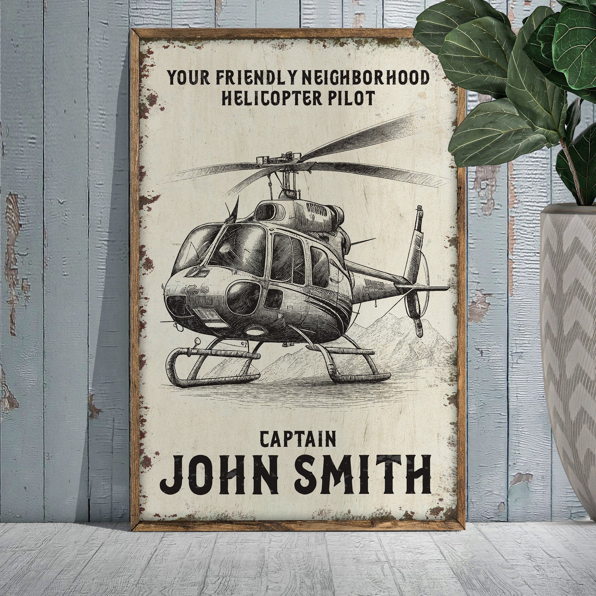 Helicopter Pilot Name Sign canvas with vintage helicopter sketch and Captain John Smith text on Tampa Home & Garden Store