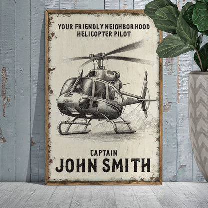 Helicopter Pilot Name Sign canvas with vintage helicopter sketch and Captain John Smith text on Tampa Home & Garden Store
