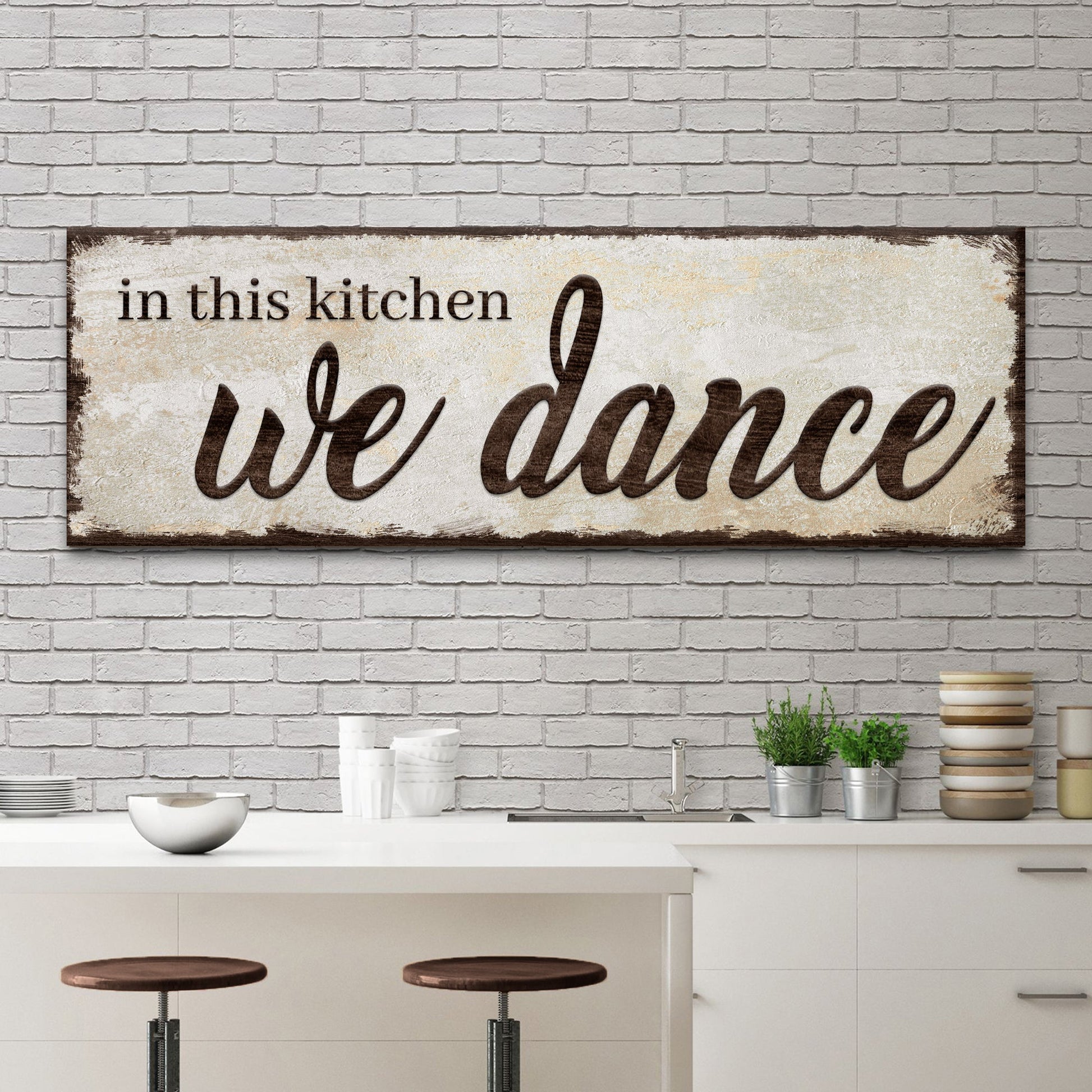 In This Kitchen We Dance canvas sign Tailored Canvases distressed beige with brown script on Tampa Home & Garden Store