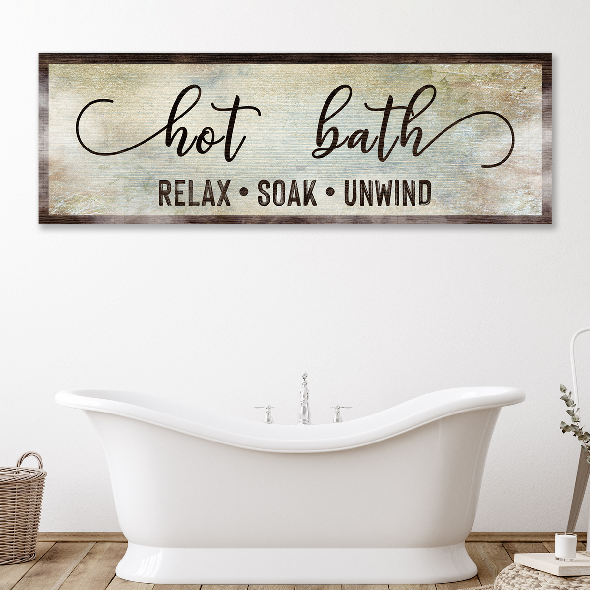 Hot Bath sign canvas wall art with distressed blue-beige background and dark frame on Tampa Home & Garden Store