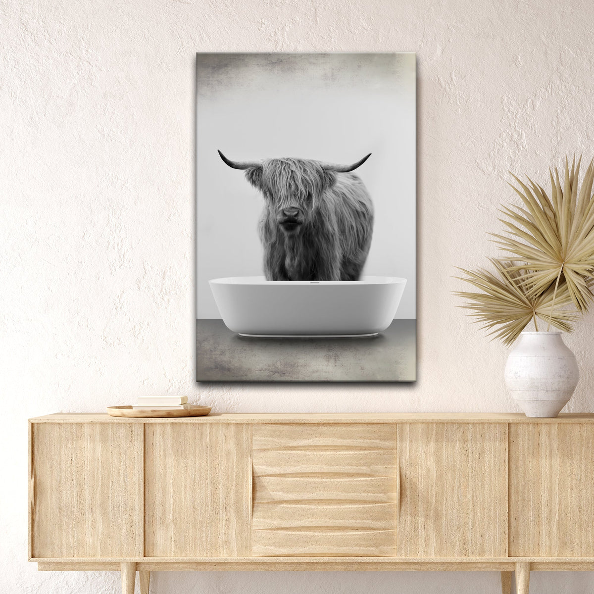 Highland Cattle Bath Canvas Wall Art IV black-and-white portrait by Tailored Canvases on Tampa Home & Garden Store