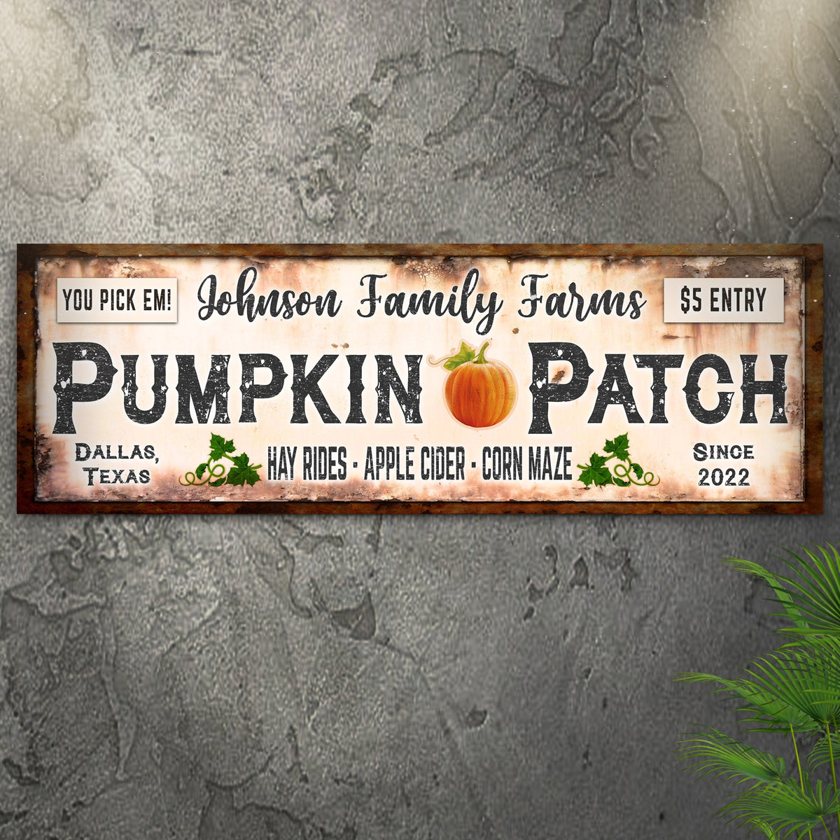 Family Farms pumpkin patch canvas sign with rustic frame and pumpkin graphic on Tampa Home & Garden Store