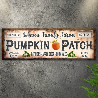 Family Farms pumpkin patch canvas sign with rustic frame and pumpkin graphic on Tampa Home & Garden Store