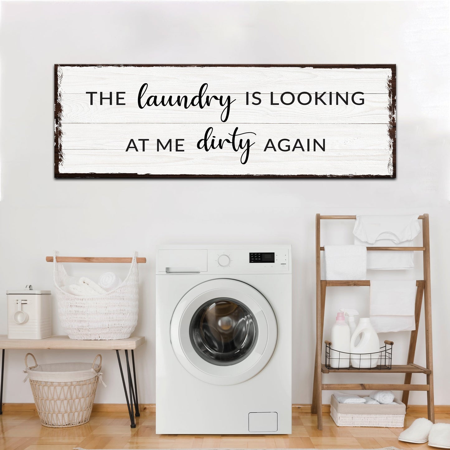Dirty Laundry Sign III canvas with white wood planks and brown frame Tailored Canvases on Tampa Home & Garden Store