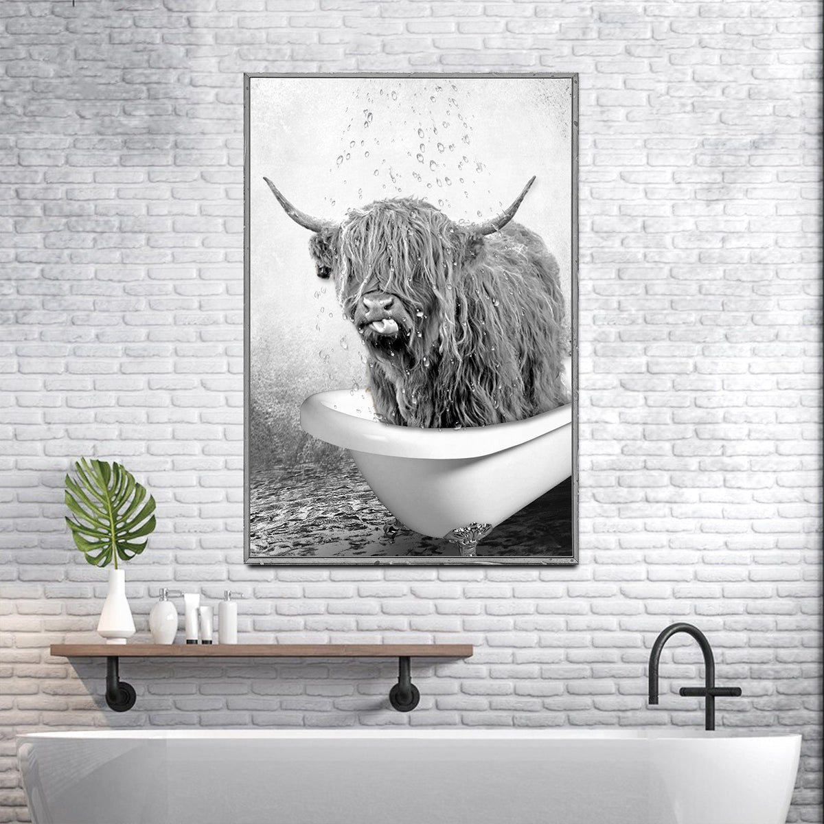 Highland Cattle Bath Canvas Wall Art framed grayscale cow in tub Tailored Canvases on Tampa Home & Garden Store