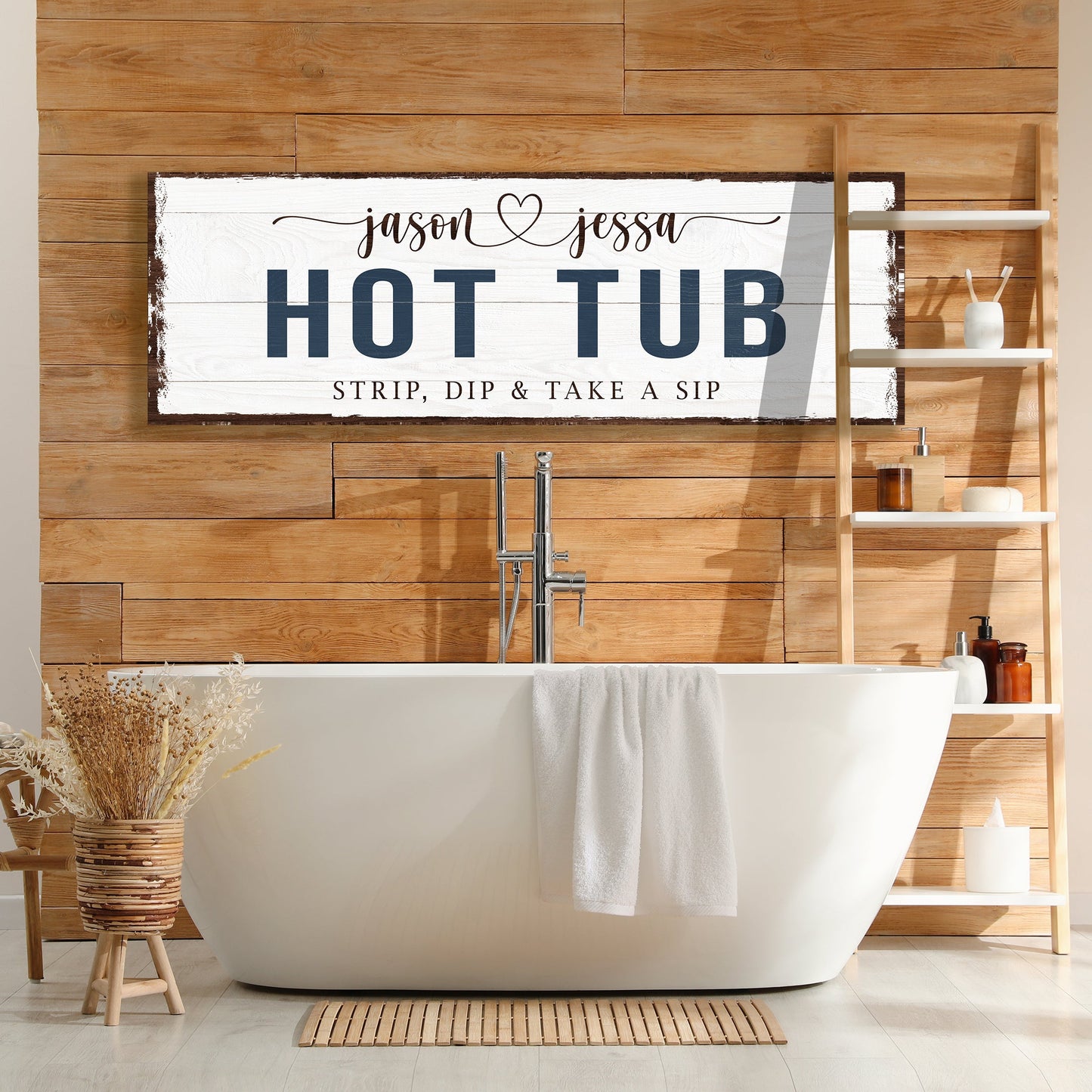 Hot Tub Sign canvas by Tailored Canvases with white wood background and bold HOT TUB text on Tampa Home & Garden Store