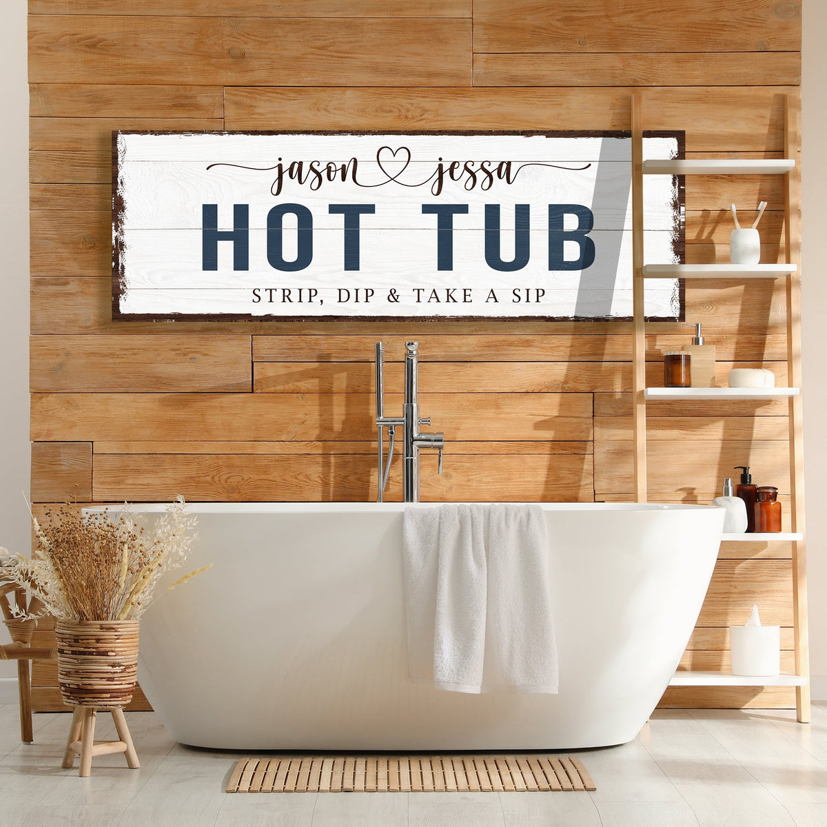 Hot Tub Sign canvas by Tailored Canvases with white wood background and bold HOT TUB text on Tampa Home & Garden Store