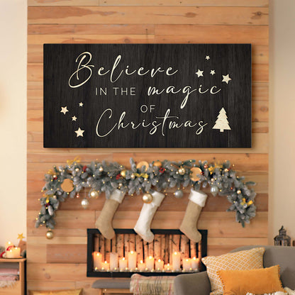 Believe In The Magic Of Christmas II canvas sign, black with ivory script and stars on Tampa Home & Garden Store
