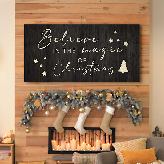 Believe In The Magic Of Christmas II canvas sign, black with ivory script and stars on Tampa Home & Garden Store