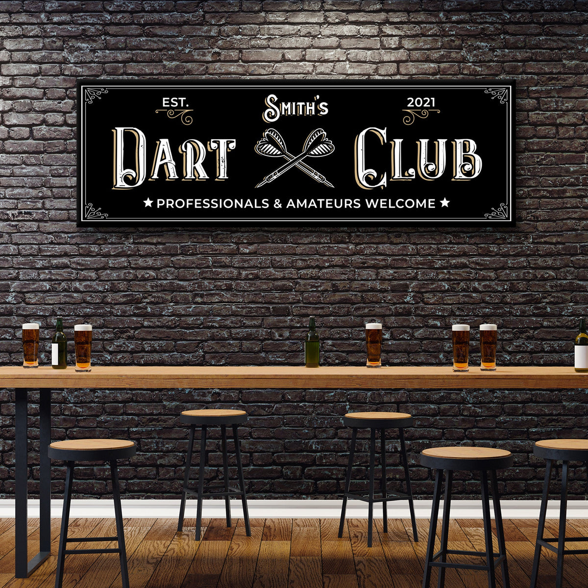 Dart Club Sign II canvas wall plaque on black background with white ornate typography and crossed darts motif on Tampa Home & Garden Store