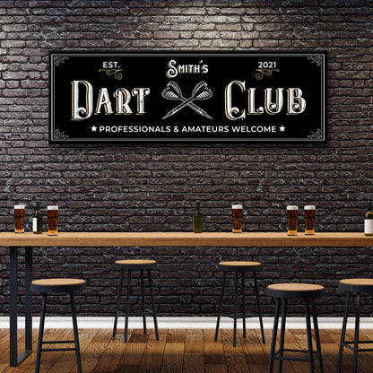 Dart Club Sign II canvas wall plaque on black background with white ornate typography and crossed darts motif on Tampa Home & Garden Store