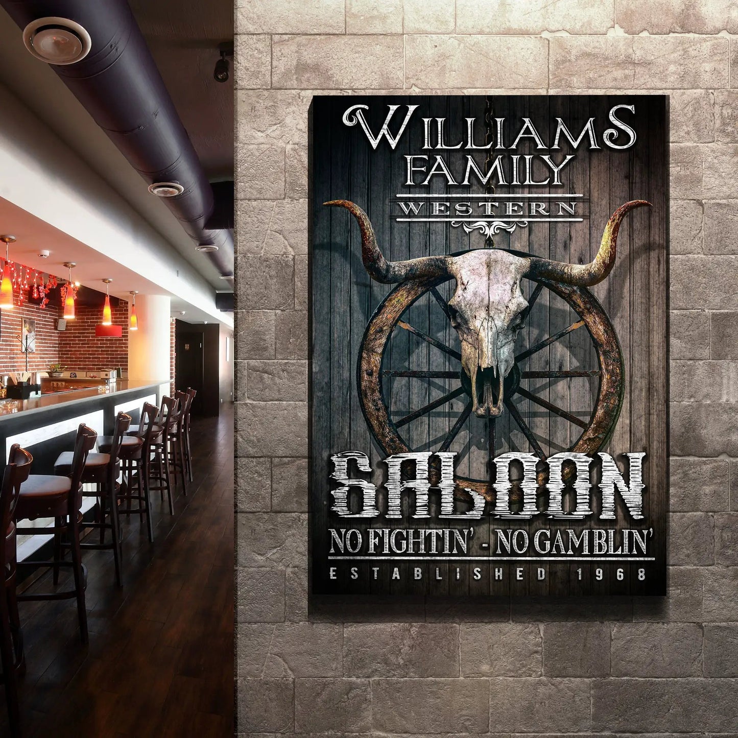 Western Cowboy Saloon Sign canvas with rustic wood panel and longhorn skull on Tampa Home & Garden Store