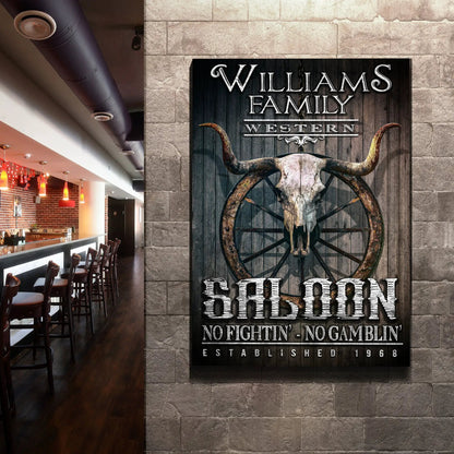 Western Cowboy Saloon Sign canvas with rustic wood panel and longhorn skull on Tampa Home & Garden Store