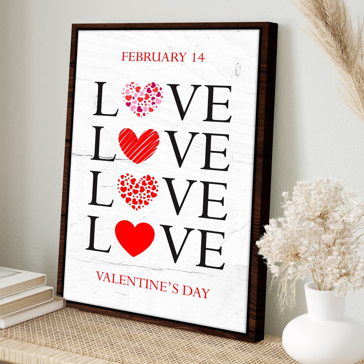 Valentine's Day Sign VIII canvas with LOVE typography, red heart O, wood frame decor on Tampa Home & Garden Store