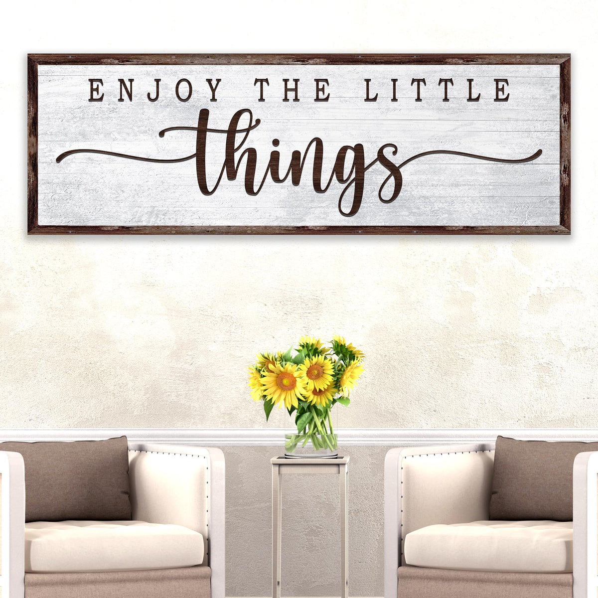 Enjoy the Little Things sign canvas by Tailored Canvases with a whitewashed wood frame on Tampa Home & Garden Store