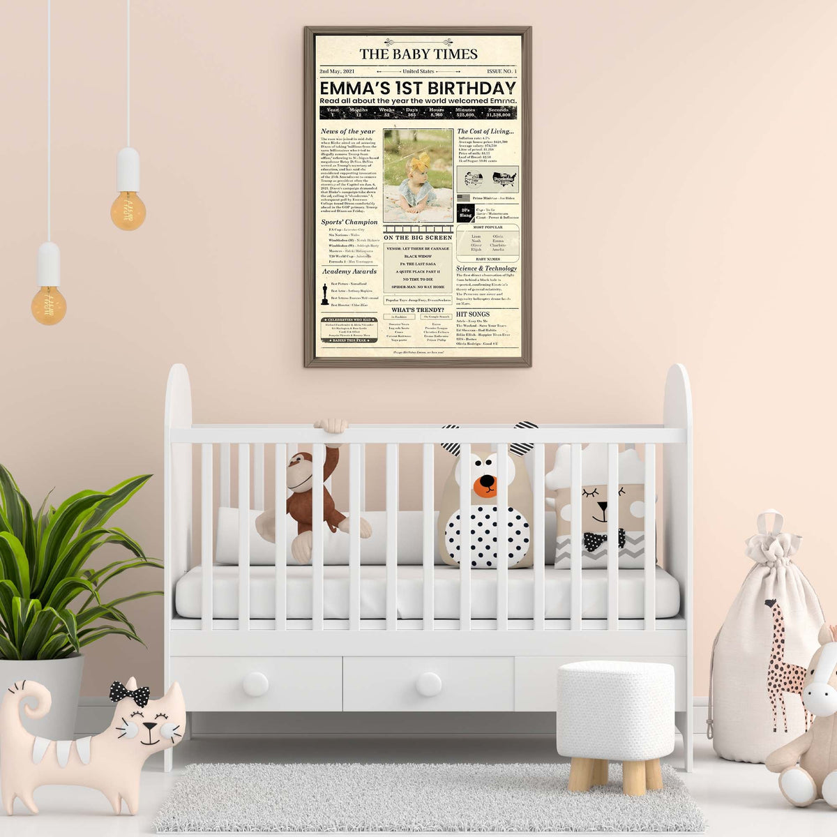 The Baby Times Sign canvas print in dark wood frame hangs above a white crib in a peach nursery on Tampa Home & Garden Store
