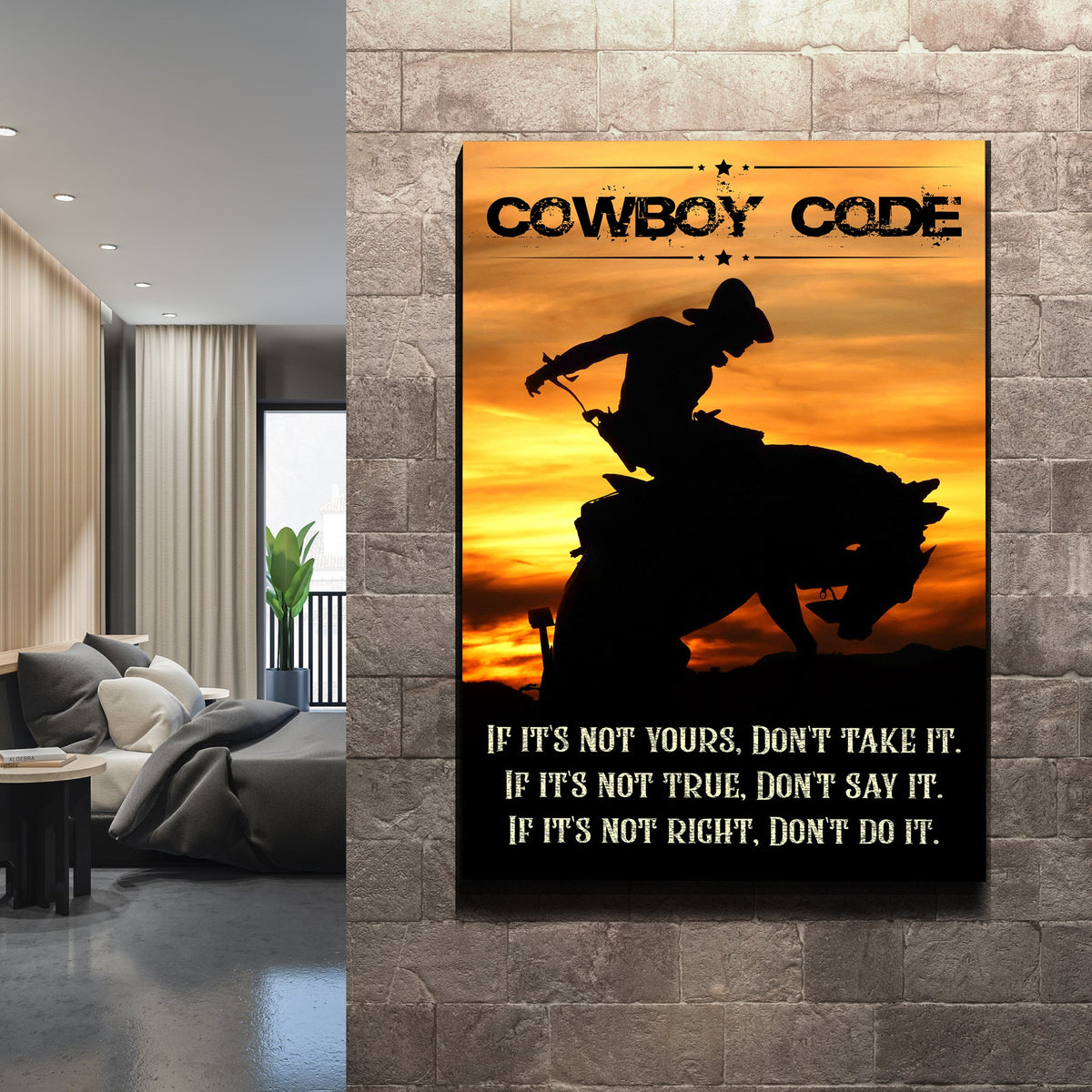 Cowboy Code II canvas by Tailored Canvases with orange sunset and cowboy silhouette crafting on Tampa Home & Garden Store