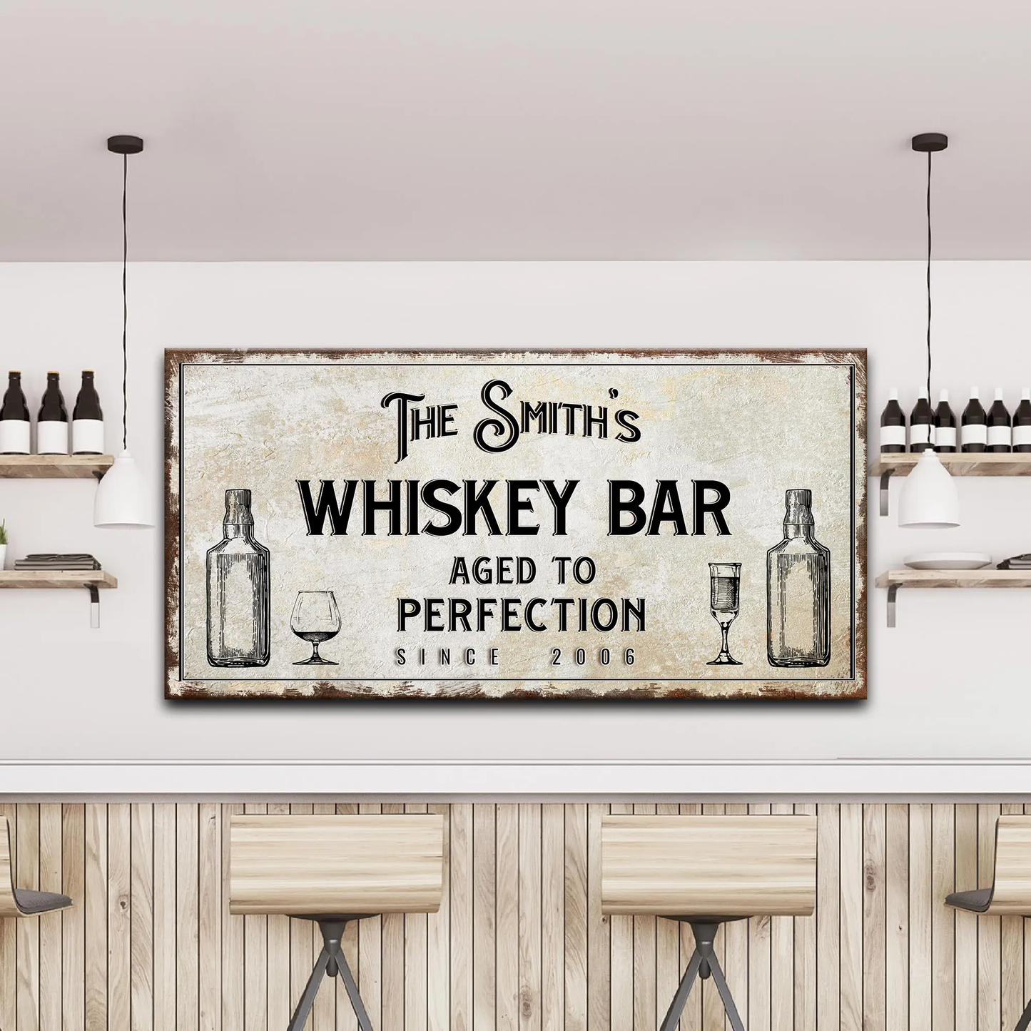 Whiskey Bar Sign canvas by Tailored Canvases; distressed beige, black typography on Tampa Home & Garden Store
