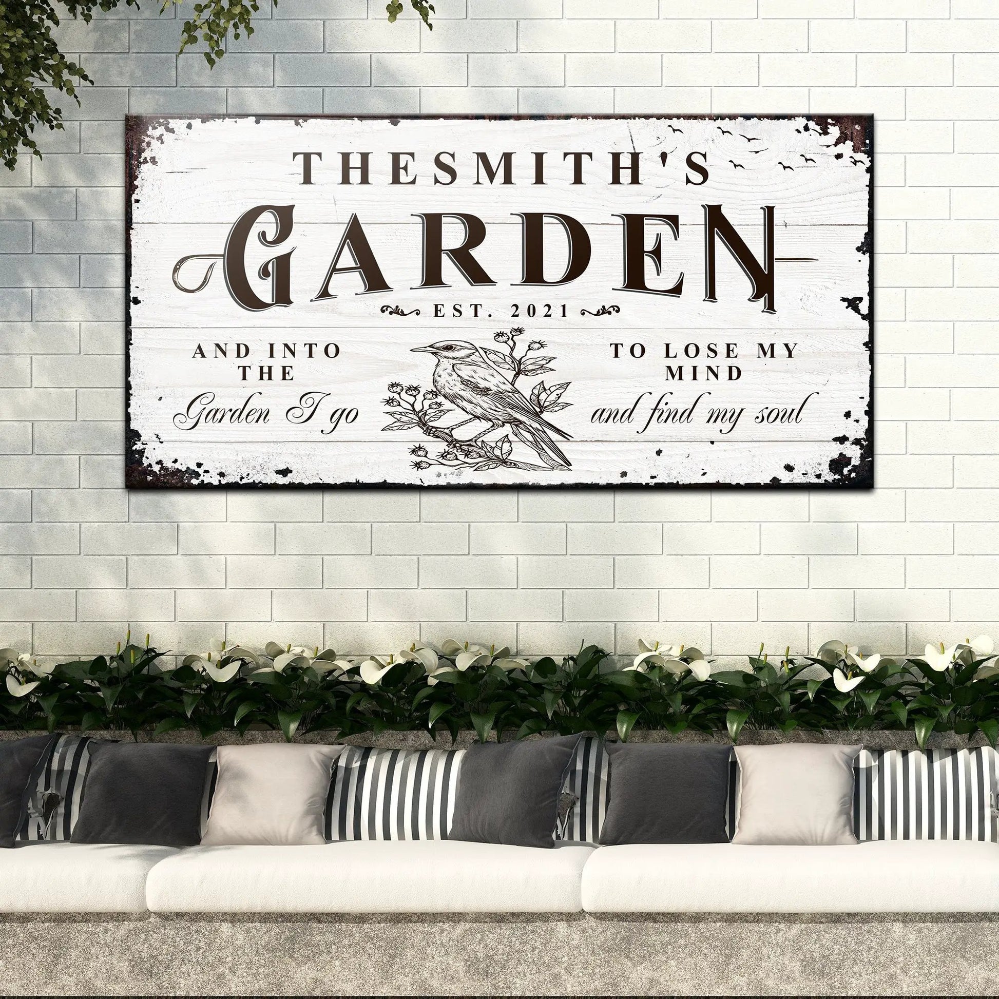 Canvas Family Garden Sign with rustic white wood plank design and garden motif on Tampa Home & Garden Store