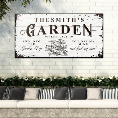 Canvas Family Garden Sign with rustic white wood plank design and garden motif on Tampa Home & Garden Store