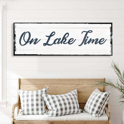 On Lake Time Sign canvas wall art navy script black frame white planks Tailored Canvases on Tampa Home & Garden Store