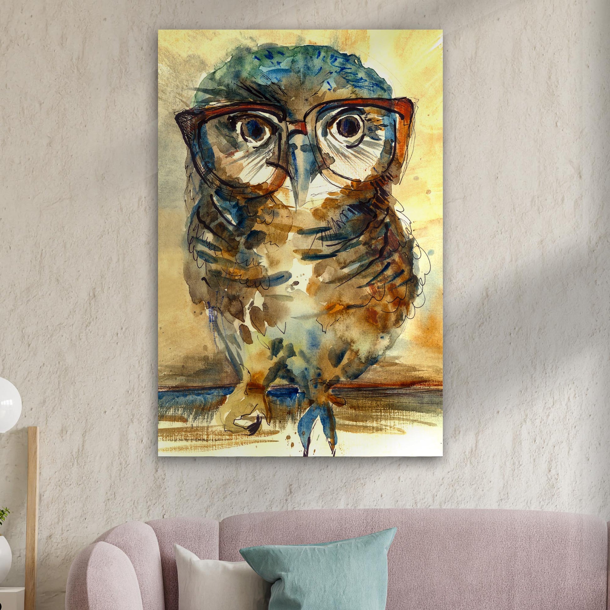 The Wise Owl Watercolor Portrait Canvas with oversized glasses in blue and brown on Tampa Home & Garden Store