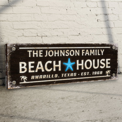 Family Beach House Sign III canvas with distressed wood, white lettering, blue starfish on brick on Tampa Home & Garden Store