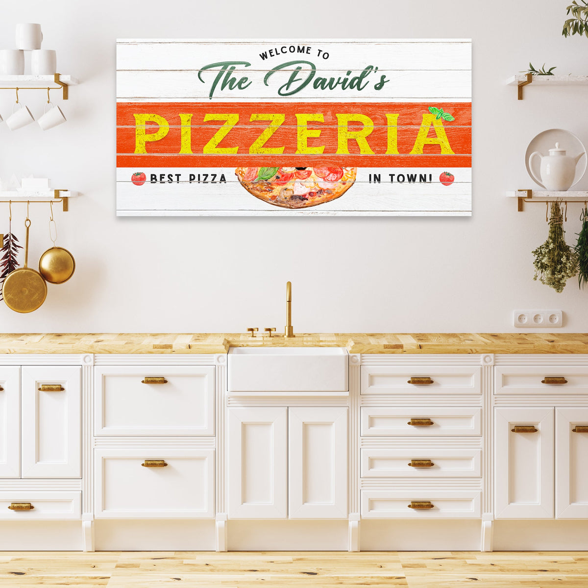 Best Pizza In Town Pizzeria sign canvas with rustic white and red panels on Tampa Home & Garden Store