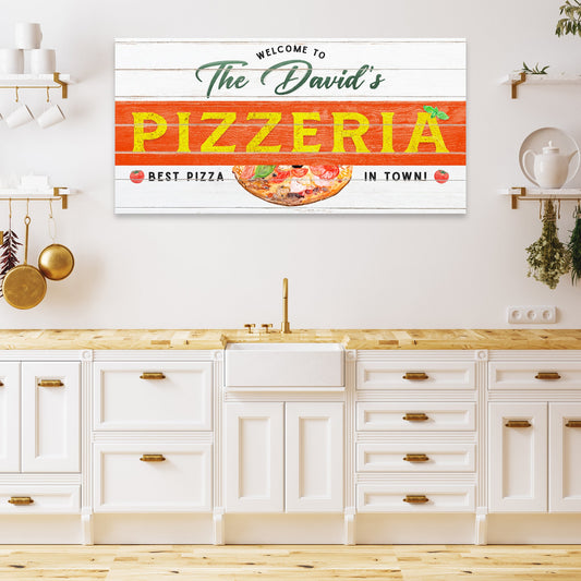 Best Pizza In Town Pizzeria sign canvas with rustic white and red panels on Tampa Home & Garden Store