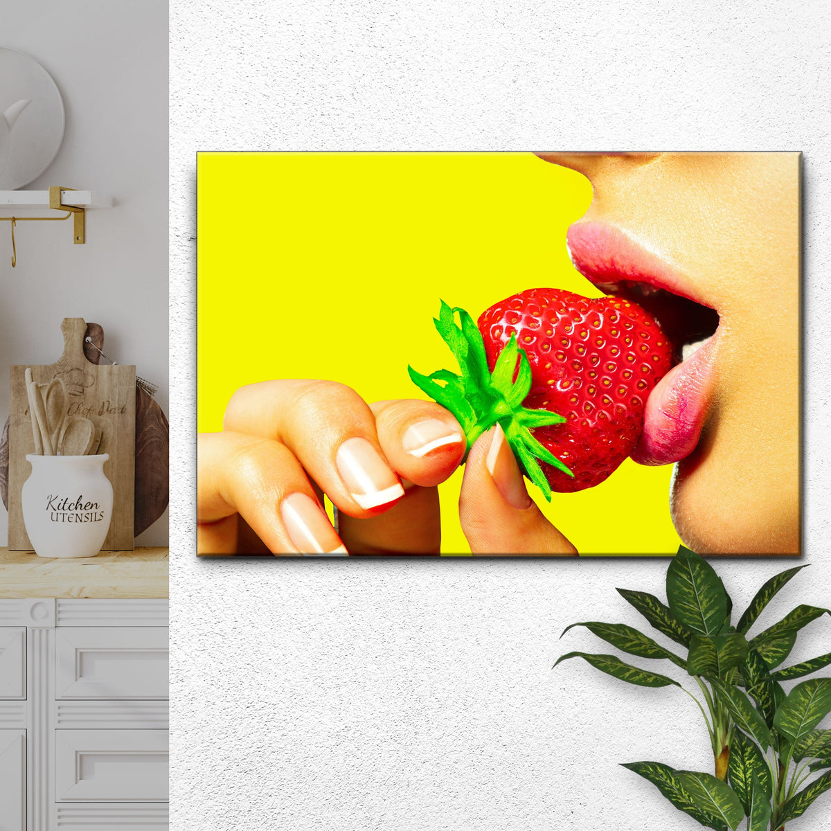 Fruits Strawberry Lips Canvas Wall Art by Tailored Canvases bright yellow background on Tampa Home & Garden Store